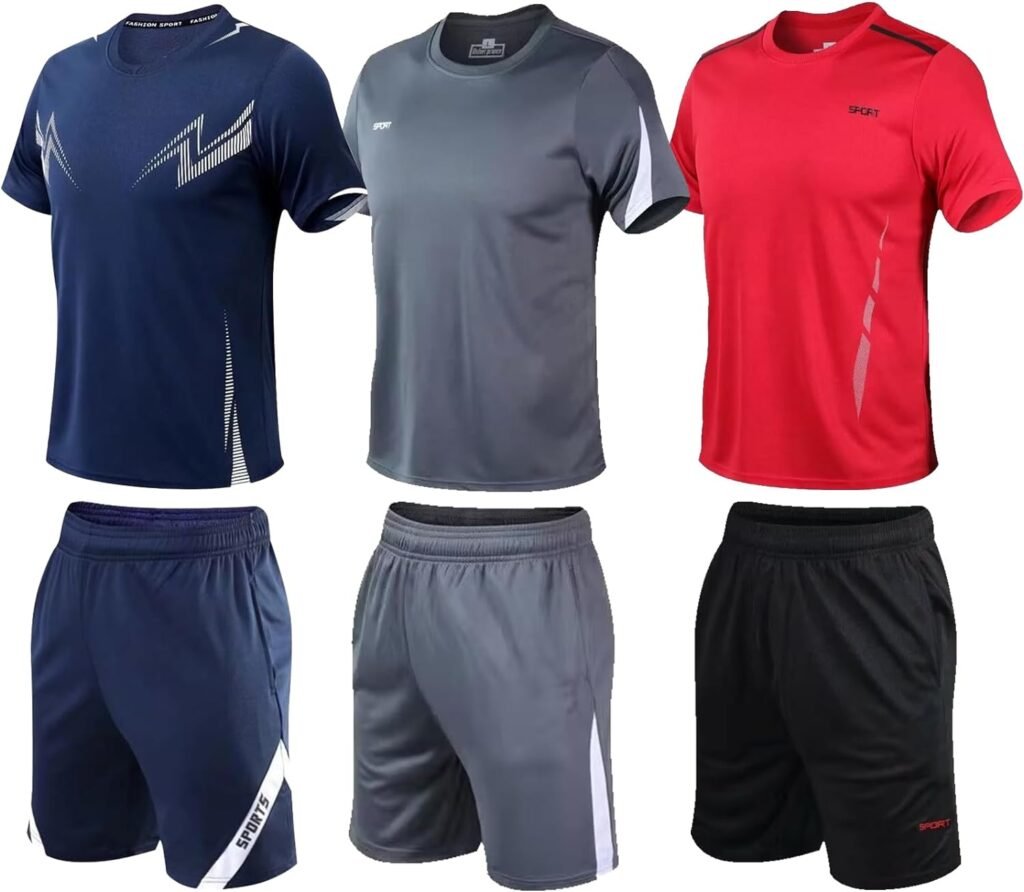 BOOMCOOL Gym Mens Clothes Workout Shirts for Men Outfits Sets 6pcs Shirts+Shorts