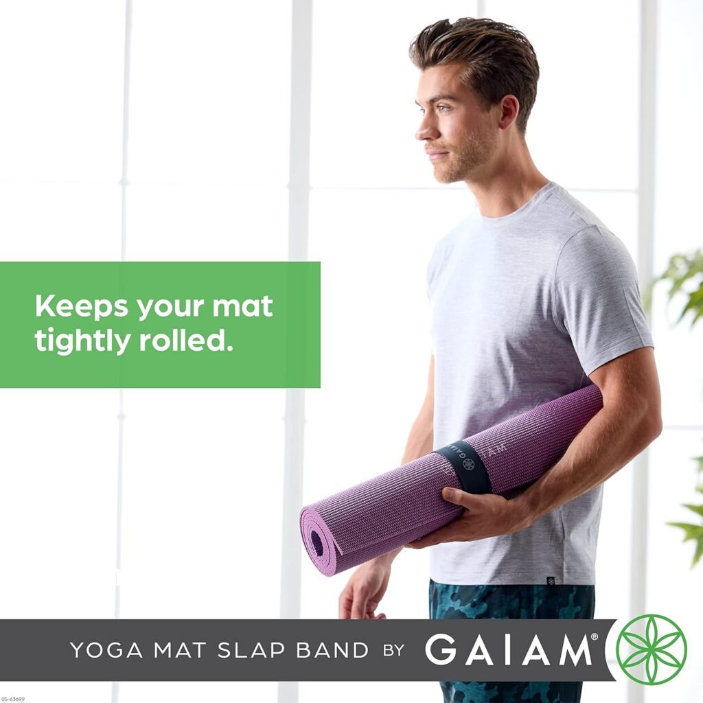 Gaiam Yoga Mat Strap Slap Band - Keeps Your Mat Tightly Rolled and Secure with One Snap - Strong Clasp for Yoga Mat Storage and Travel - Fits Most Size Mats (20L x 1.5W), Black