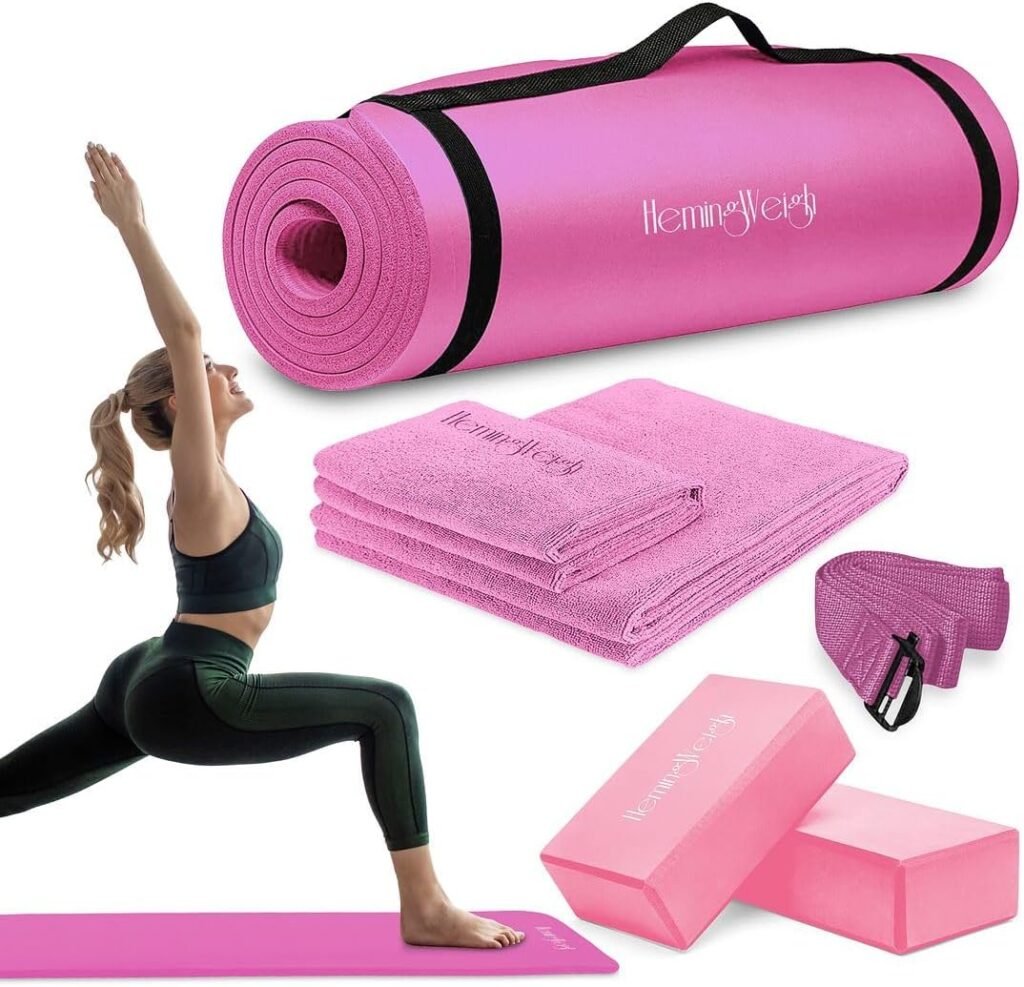 HemingWeigh Yoga Mat Thick, Yoga Set for Home Workouts, 1/2 Inch Thick Yoga Mat for Women, Men, Non Slip Yoga Mat with Yoga Foam Blocks, Yoga Strap, 2 Microfiber Towels, Beginner Friendly