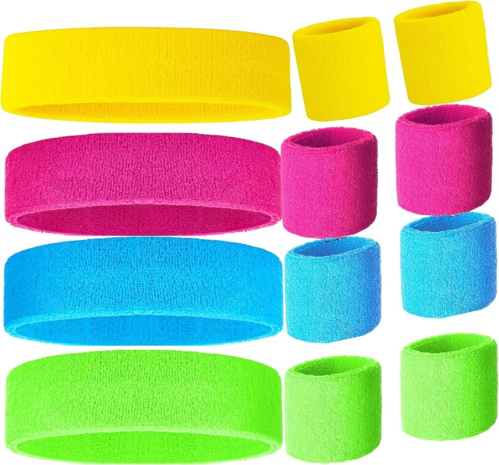 80s Sweatbands Neon Sweatbands Set Includes Pink, Blue, Yellow and Green Headband and Wristbands, Sweat Bands Headbands for Women with Matching Wristbands, Sweatbands for Women for Halloween Costumes