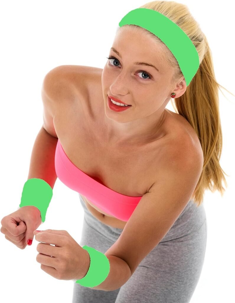 80s Sweatbands Neon Sweatbands Set Includes Pink, Blue, Yellow and Green Headband and Wristbands, Sweat Bands Headbands for Women with Matching Wristbands, Sweatbands for Women for Halloween Costumes