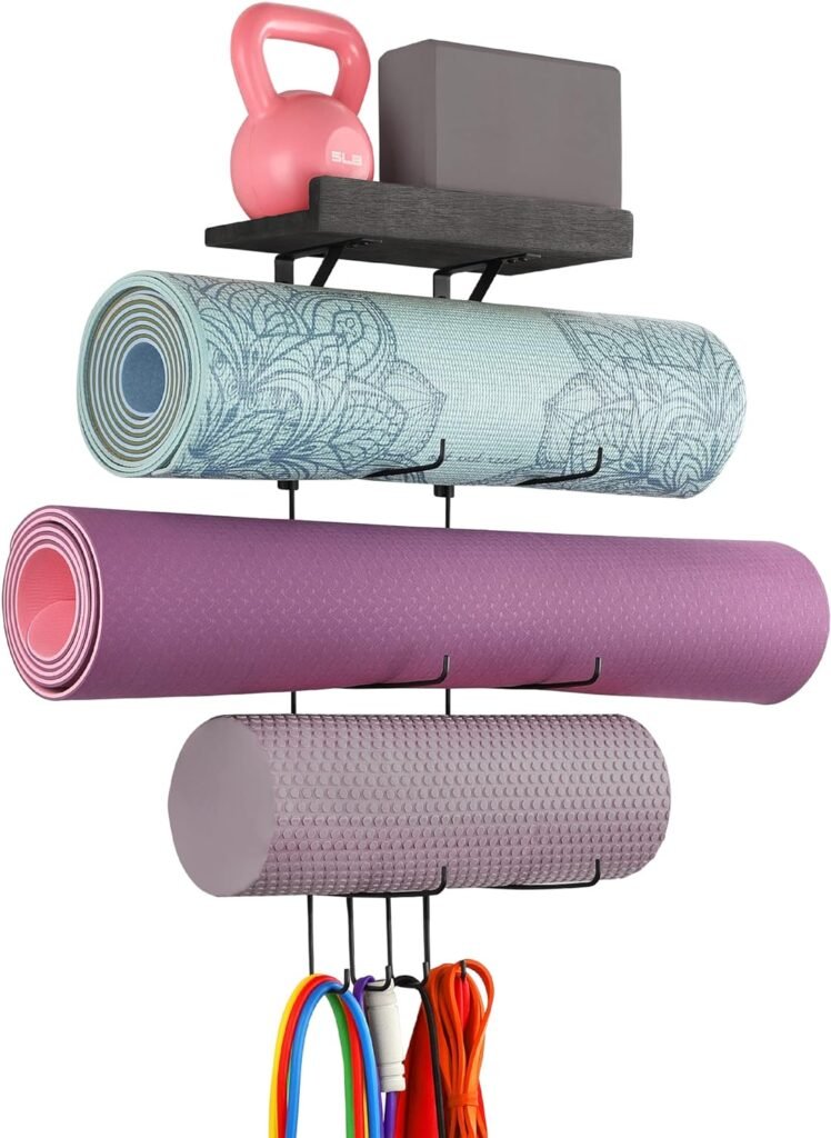 Yoga Mat Holder Accessories Wall Mount Organizer Storage Decor Foam Roller and Towel Storage Rack with 4 Hooks and Wooden Shelves Yoga Mats Rack Resistance Bands for Home Gym School Office