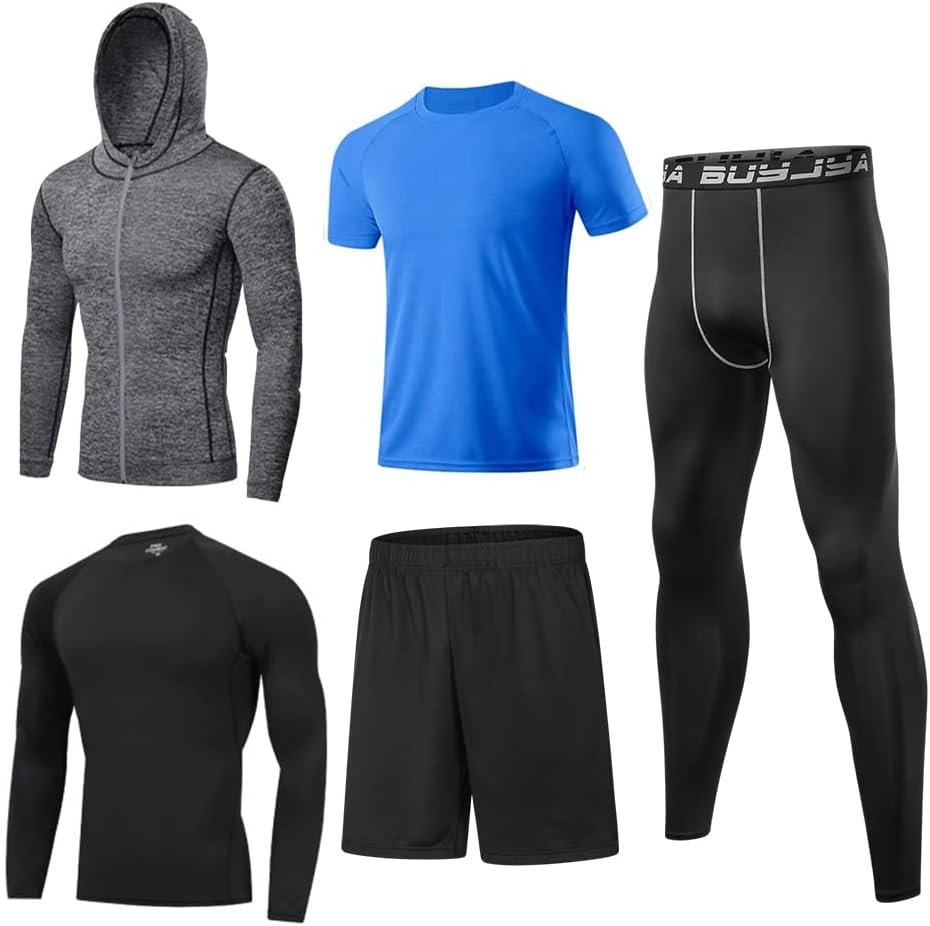 BUYJYA 5Pcs Mens Compression Pants Shirt Top Long Sleeve Jacket Athletic Sets Gym Clothing Mens Workout Valentines Day gift