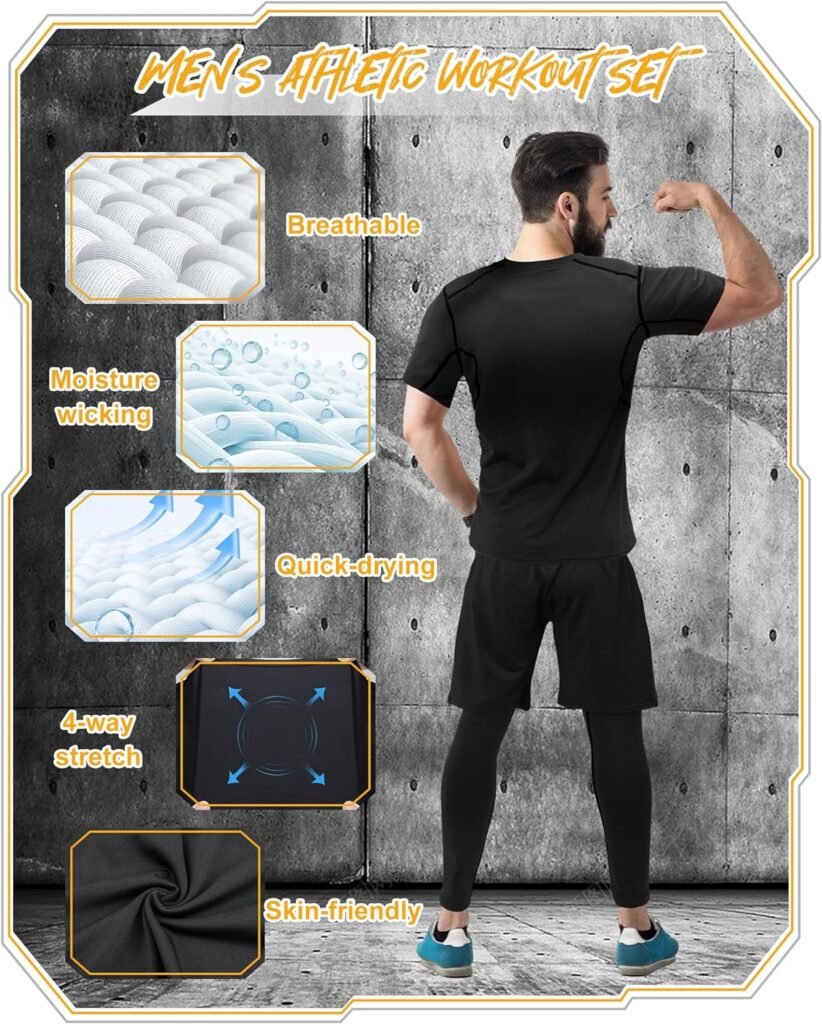 Hicarer 10 Pcs Mens Compression Sets Athletic Pants Shirt Shorts Jacket Gym Clothes Workout Sets for Sport Running Fitness