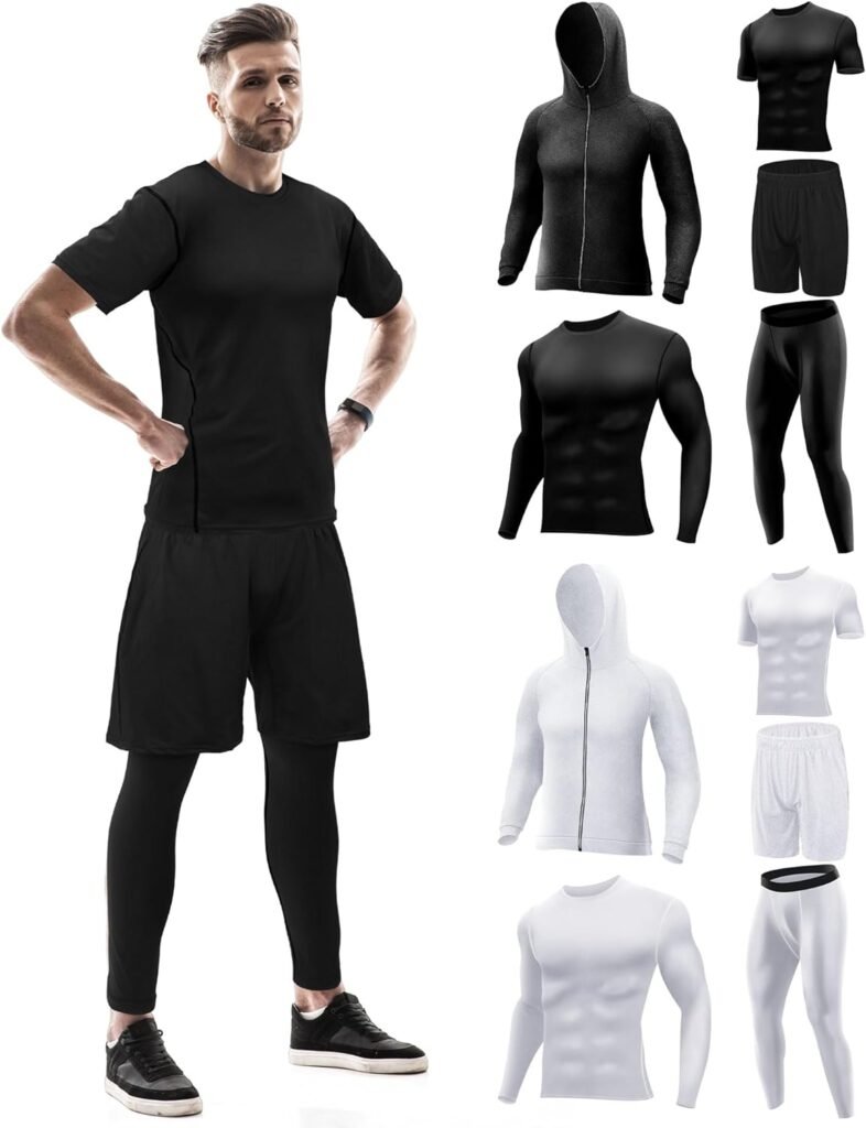 Hicarer 10 Pcs Mens Compression Sets Athletic Pants Shirt Shorts Jacket Gym Clothes Workout Sets for Sport Running Fitness