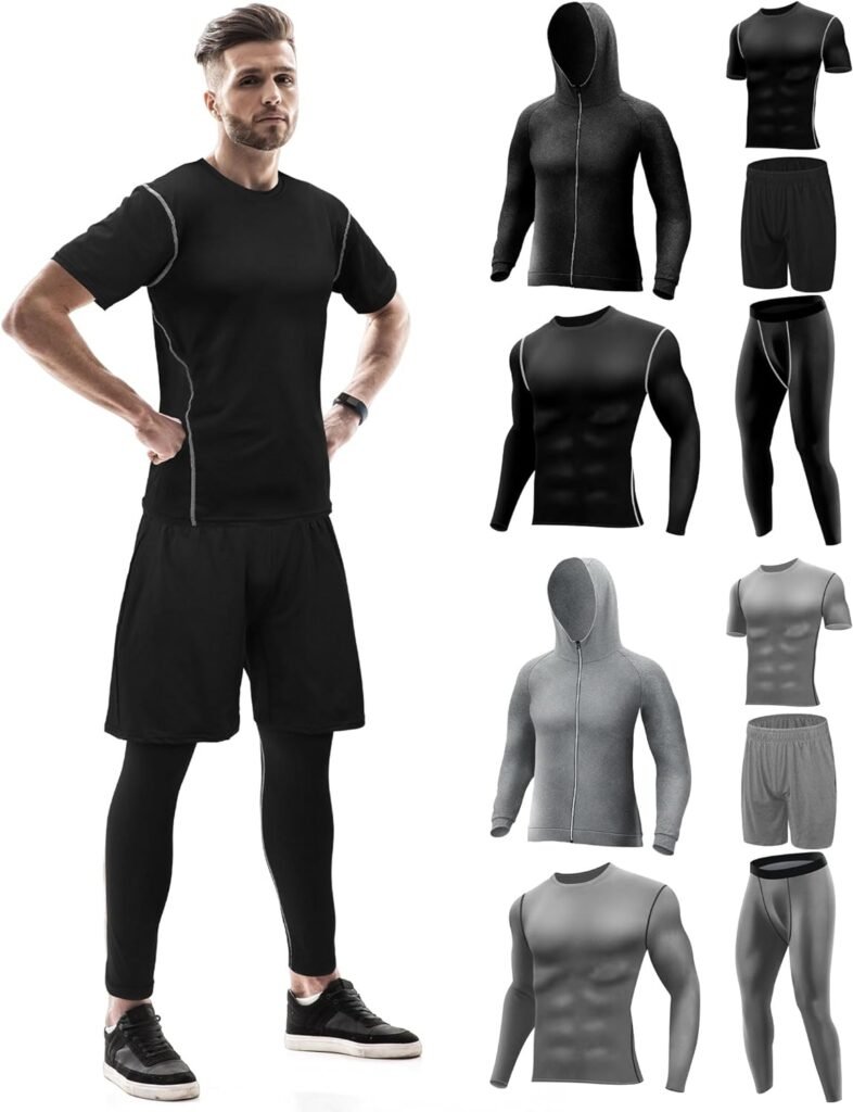 Hicarer 10 Pcs Mens Compression Sets Athletic Pants Shirt Shorts Jacket Gym Clothes Workout Sets for Sport Running Fitness