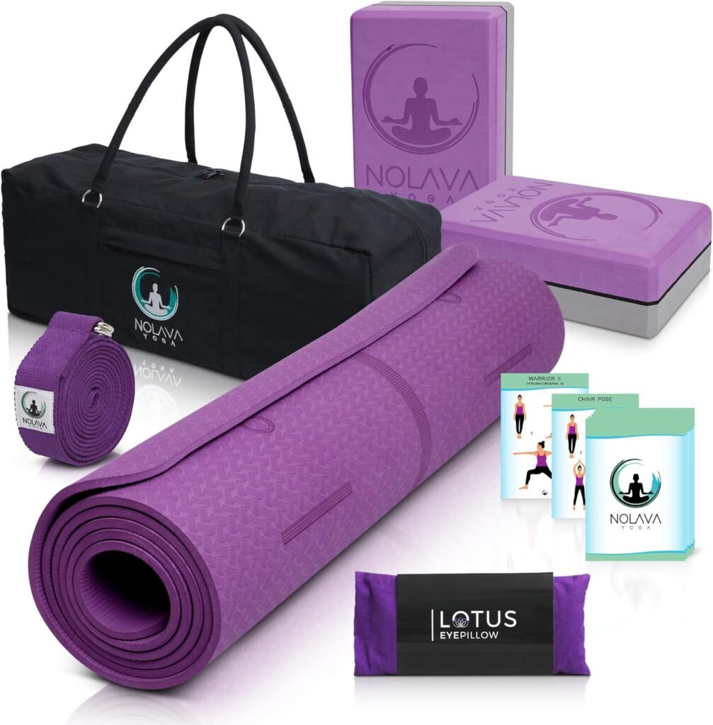 NOLAVA 7 Piece Yoga MAT Set - Yoga Mat Bag for Yoga Accessories|TPE thick Yoga Mat | Yoga Blocks 2 Pack | Yoga Strap |Weighted Lavender Eye Pillow| Yoga Cards| Ideal Gift for Yoga Beginners