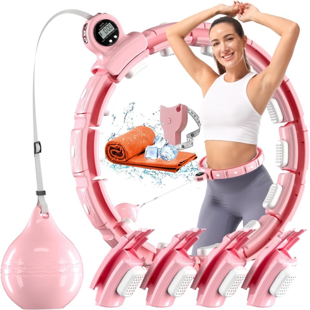 Weighted Workout Hoop for Weight Loss, Smart Silent Exercise Ring Plus Size 48 inchs, Fitness Circle with Ball and Counter, Abs Exercise Equipment for Home (Pink)